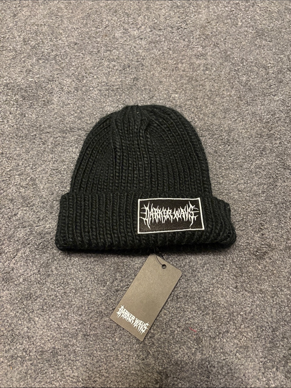 Black Ribbed Cuff Beanie with White Patch